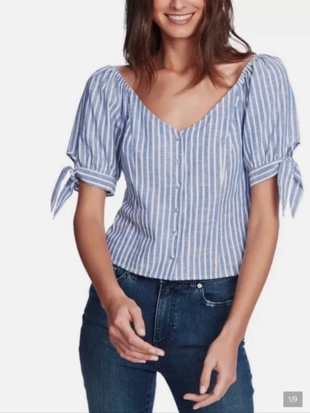 Blue and White Striped Puff Sleeve Button-Front Top
